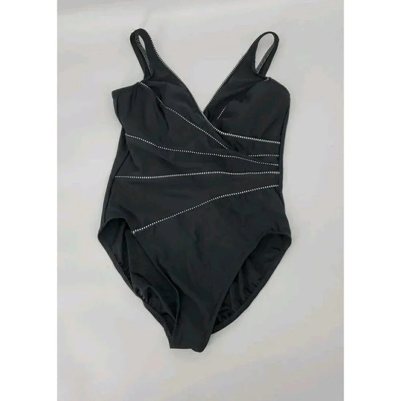 MIRACLESUIT One Piece Swimsuit Criss Cross Front Sz 16 Black w/ Black White Trim - Picture 2 of 10